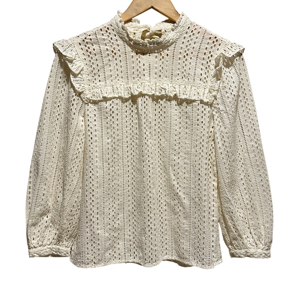 Madewell Eyelet Ruffle Peasant Blouse Womens Small Ivory High Neck Cottagecore